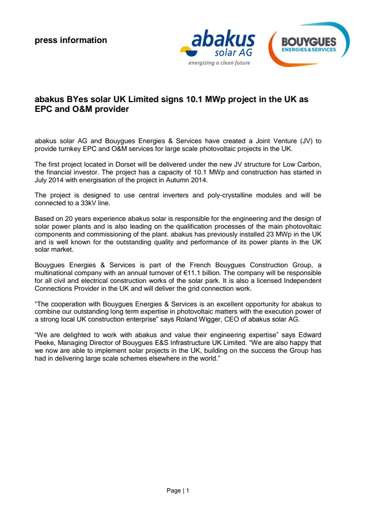 abakus BYes solar UK Limited signs 10.1 MWp project in the UK as EPC and O&M provider 