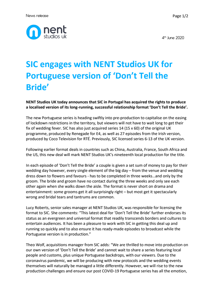 SIC engages with NENT Studios UK for Portuguese version of ‘Don’t Tell the Bride’