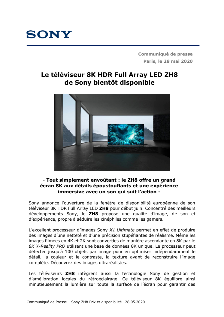 Le téléviseur 8K HDR Full Array LED ZH8 de Sony bientôt disponible