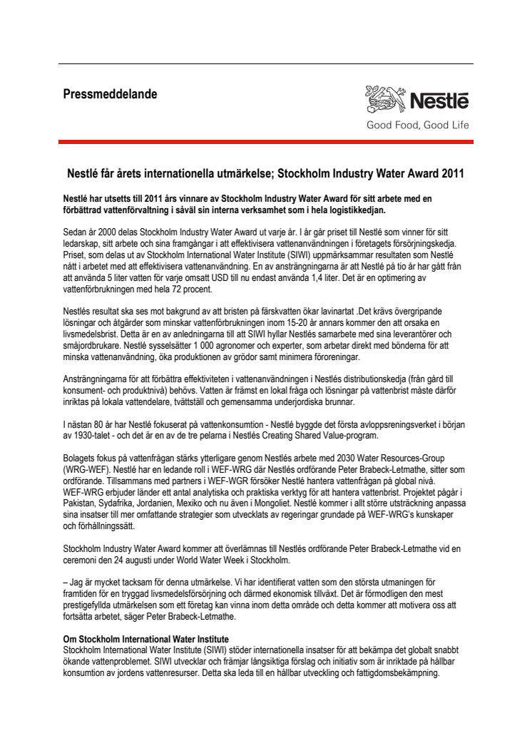 Nestlé får internationell utmärkelse; Stockholm Industry Water Award 2011