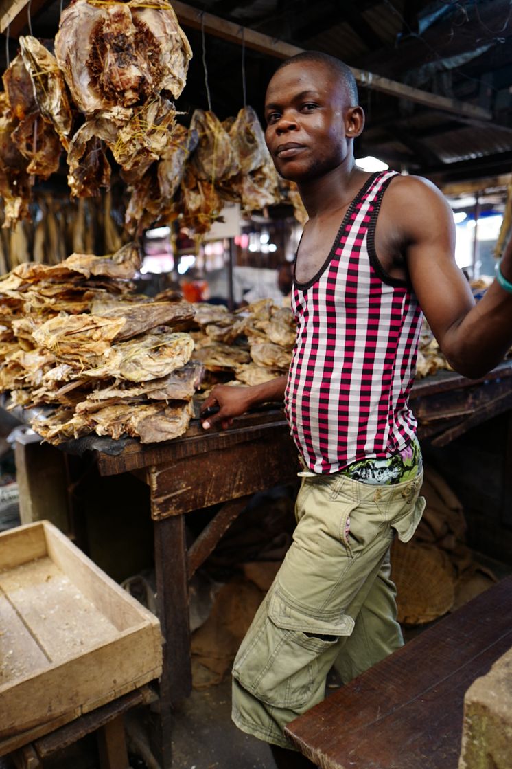 Tørrfiskselger på marked i Nigeria