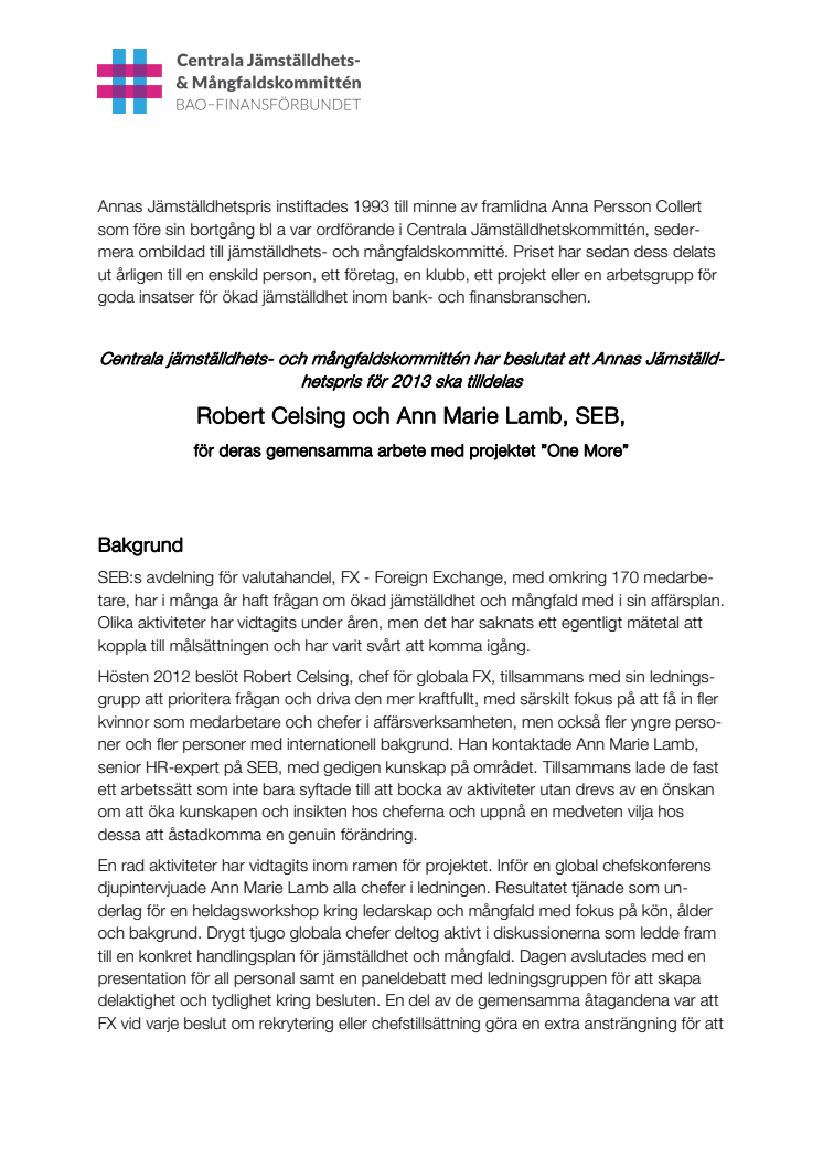 Bakgrund och motivering Anna-priset 2013