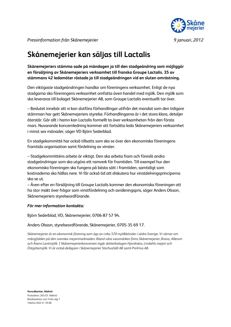 Skånemejerier kan säljas till Lactalis