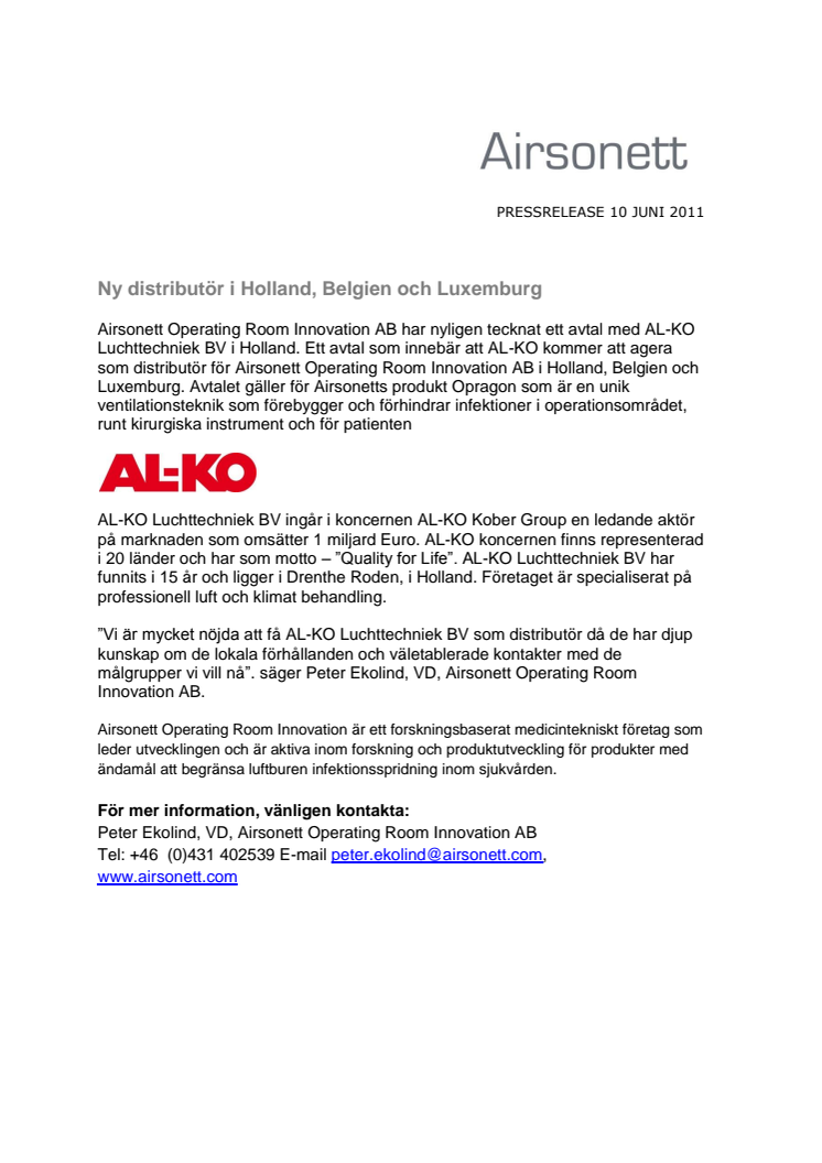Airsonett har ny distributör i Holland, Belgien och Luxemburg