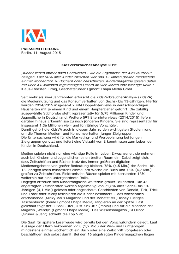 Pressemitteilung - KidsVerbraucherAnalyse 2015