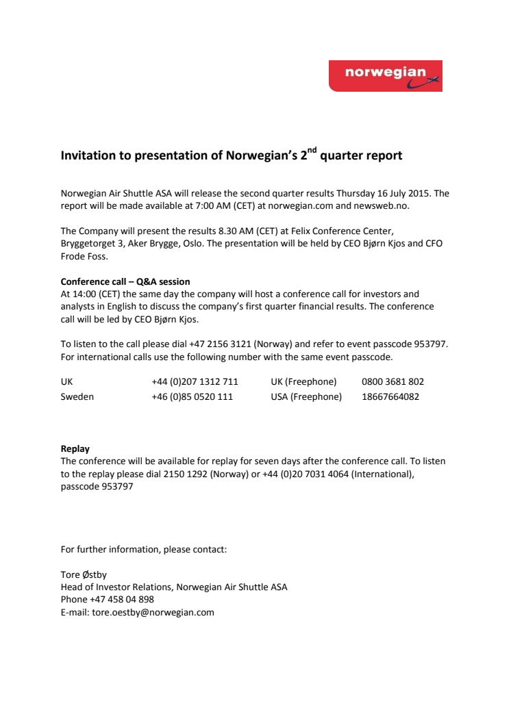 Invitation to presentation of Norwegian’s 2nd quarter report