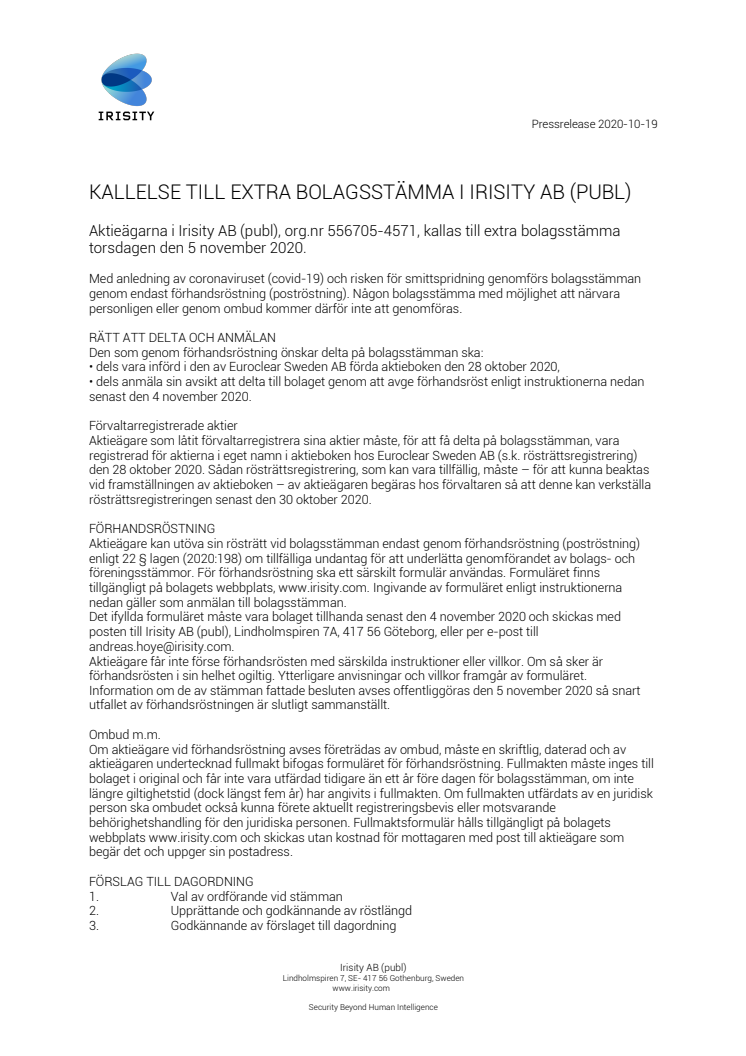 KALLELSE TILL EXTRA BOLAGSSTÄMMA I IRISITY AB (PUBL)