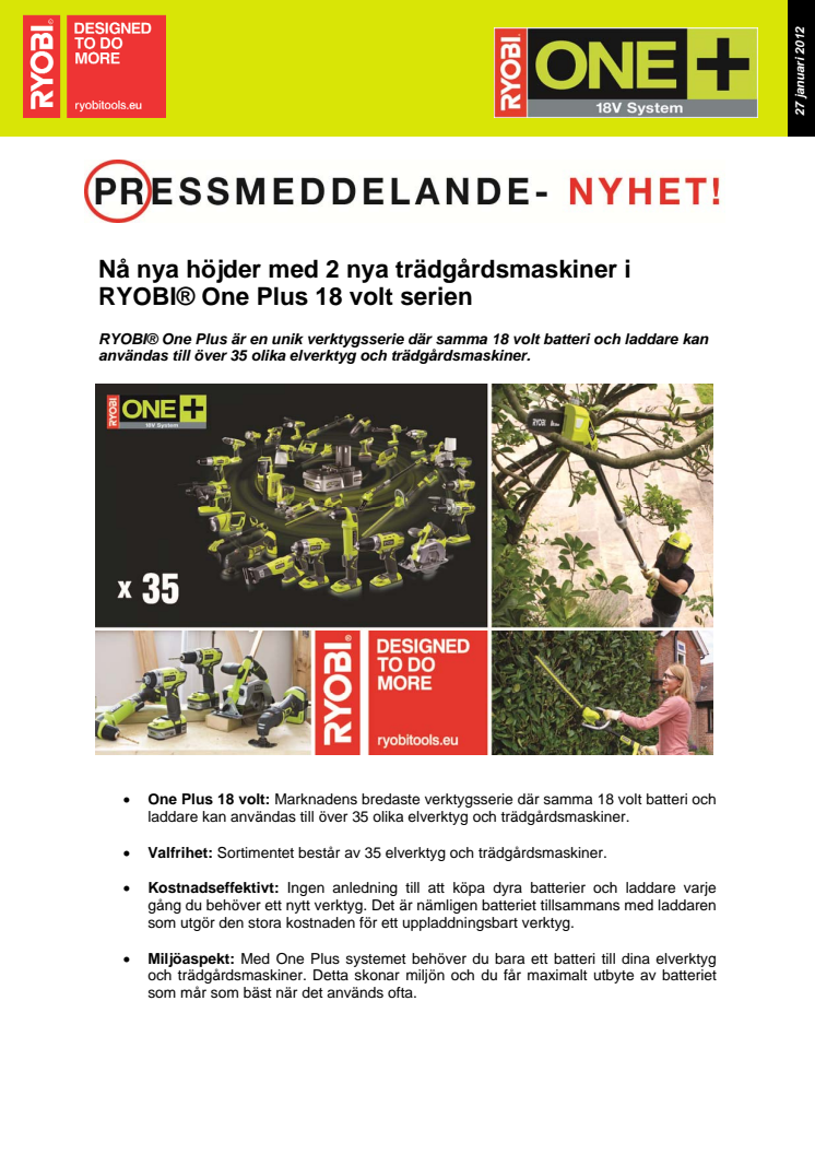 Nå nya höjder med 2 nya trädgårdsmaskiner i RYOBI® One Plus 18 volt serien