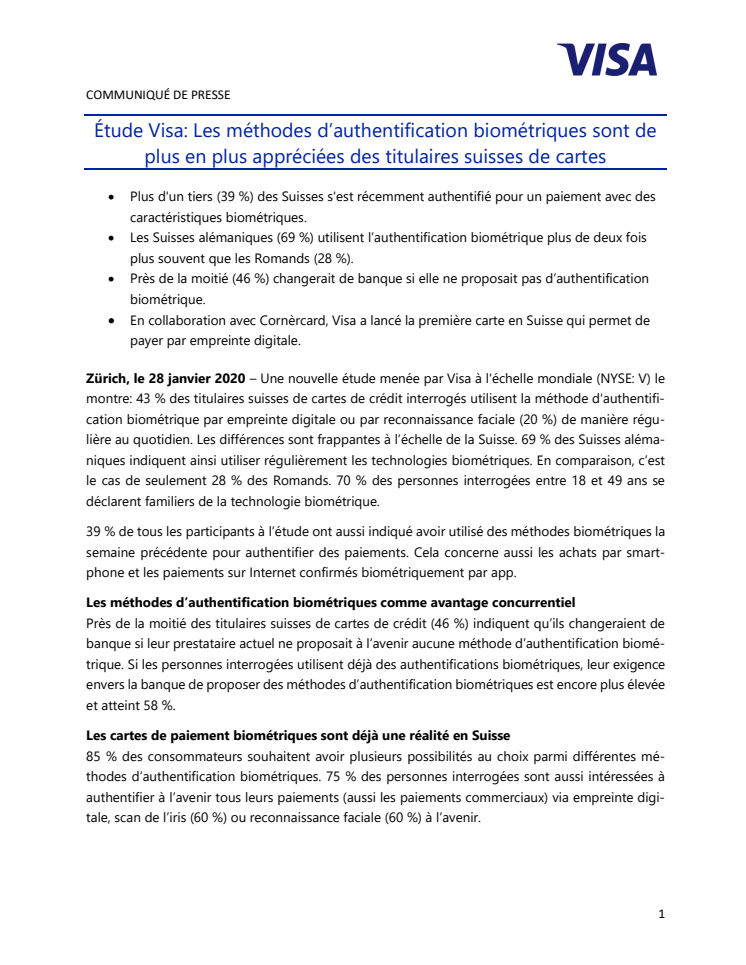 Étude Visa: Les méthodes d’authentification biométriques sont de plus en plus appréciées des titulaires suisses de cartes