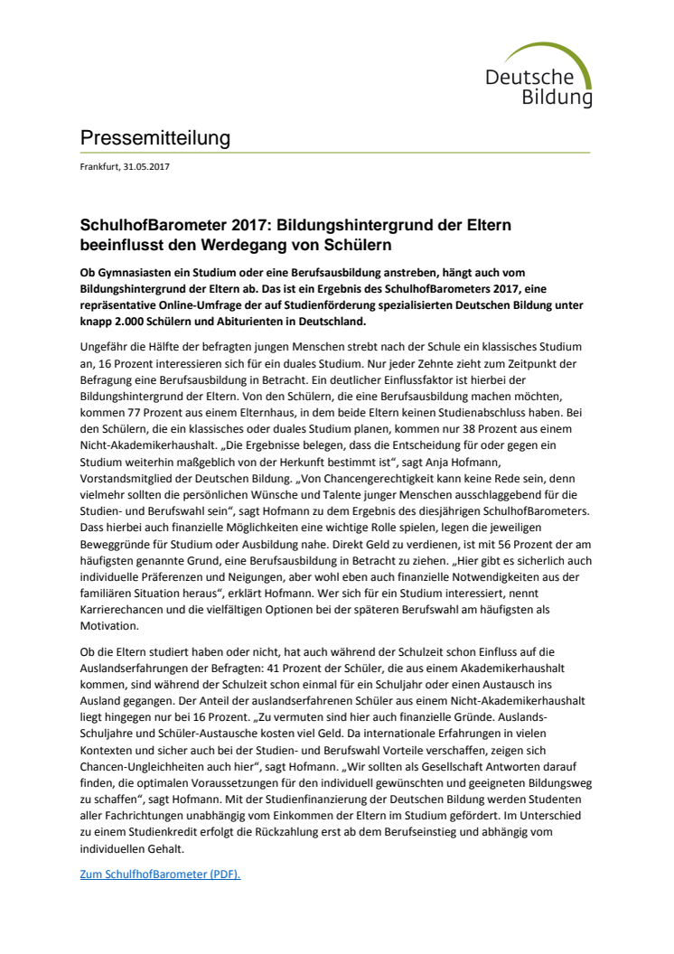 ​SchulhofBarometer 2017: Bildungshintergrund der Eltern beeinflusst den Werdegang von Schülern