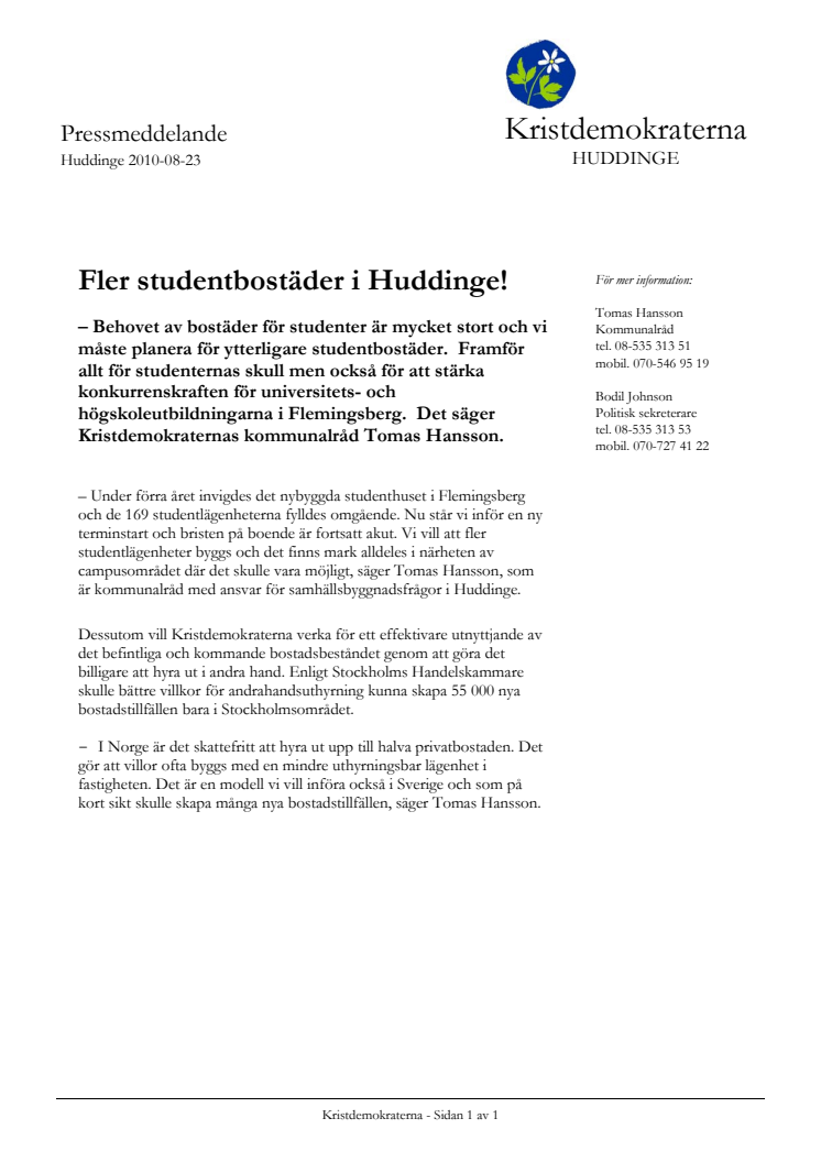 (KD) Fler studentbostäder i Huddinge!