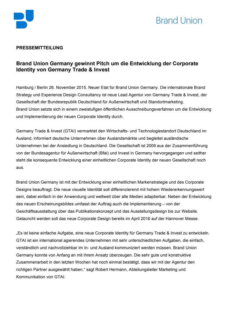 Brand Union Germany gewinnt Pitch um die Entwicklung der Corporate Identity von Germany Trade & Invest 