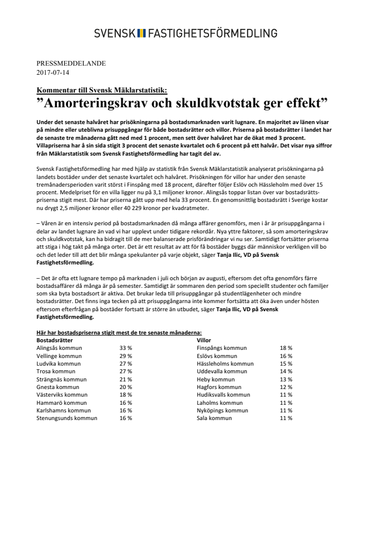 Kommentar till Svensk Mäklarstatistik: ”Amorteringskrav och skuldkvotstak ger effekt”