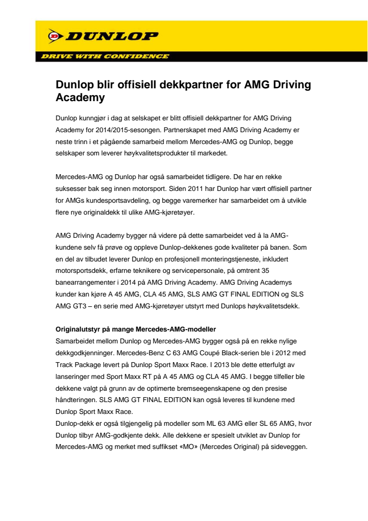 Dunlop blir offisiell dekkpartner for AMG Driving Academy
