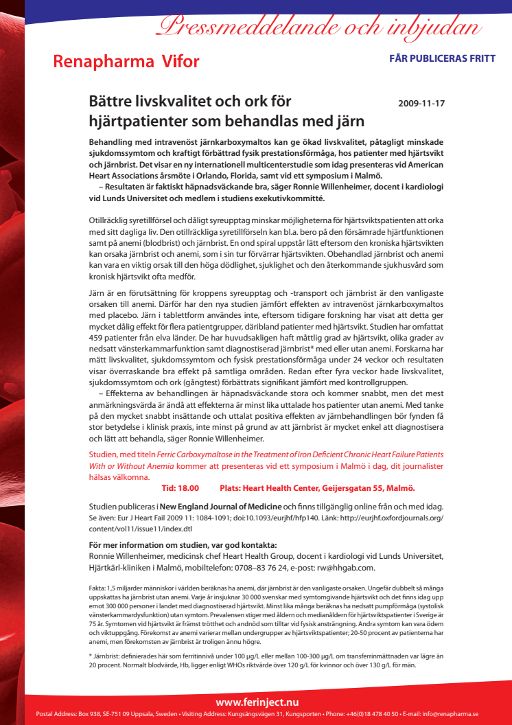 Bättre livskvalitet och ork för hjärtpatienter som behandlas med järn