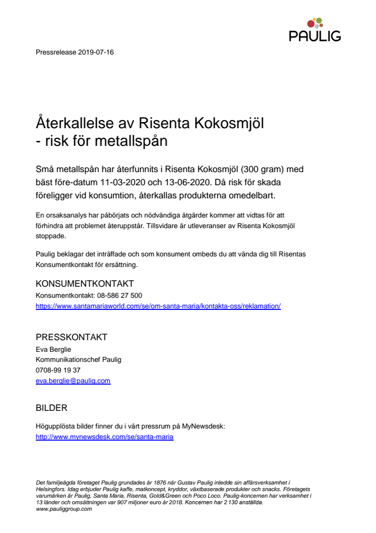 Återkallelse av Risenta Kokosmjöl  - risk för metallspån