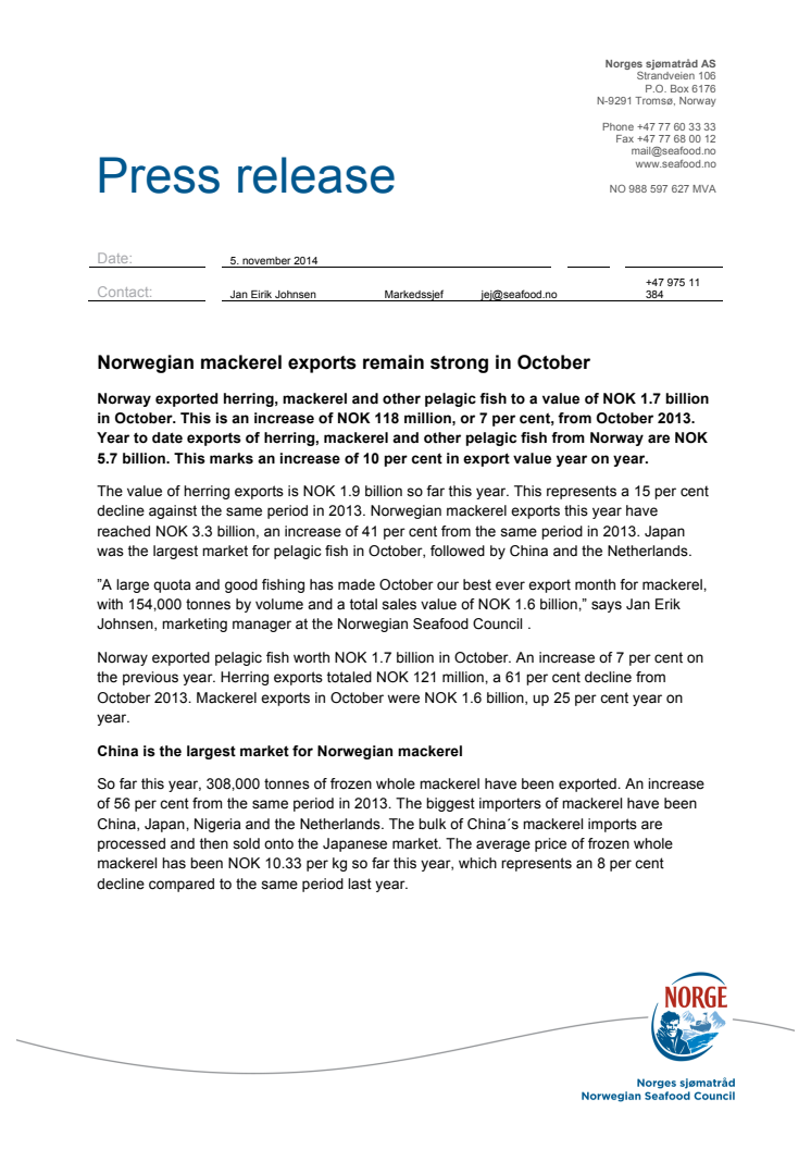 Norwegian mackerel exports historic strong in October