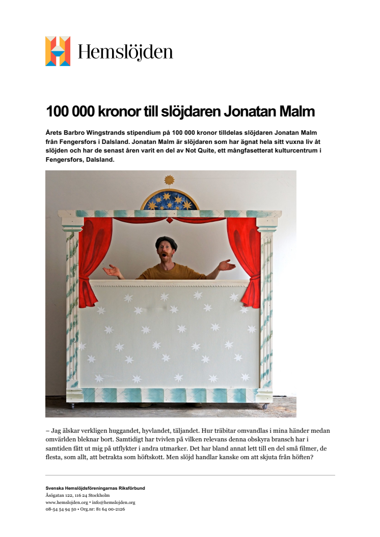 100 000 kronor till slöjdaren Jonatan Malm 