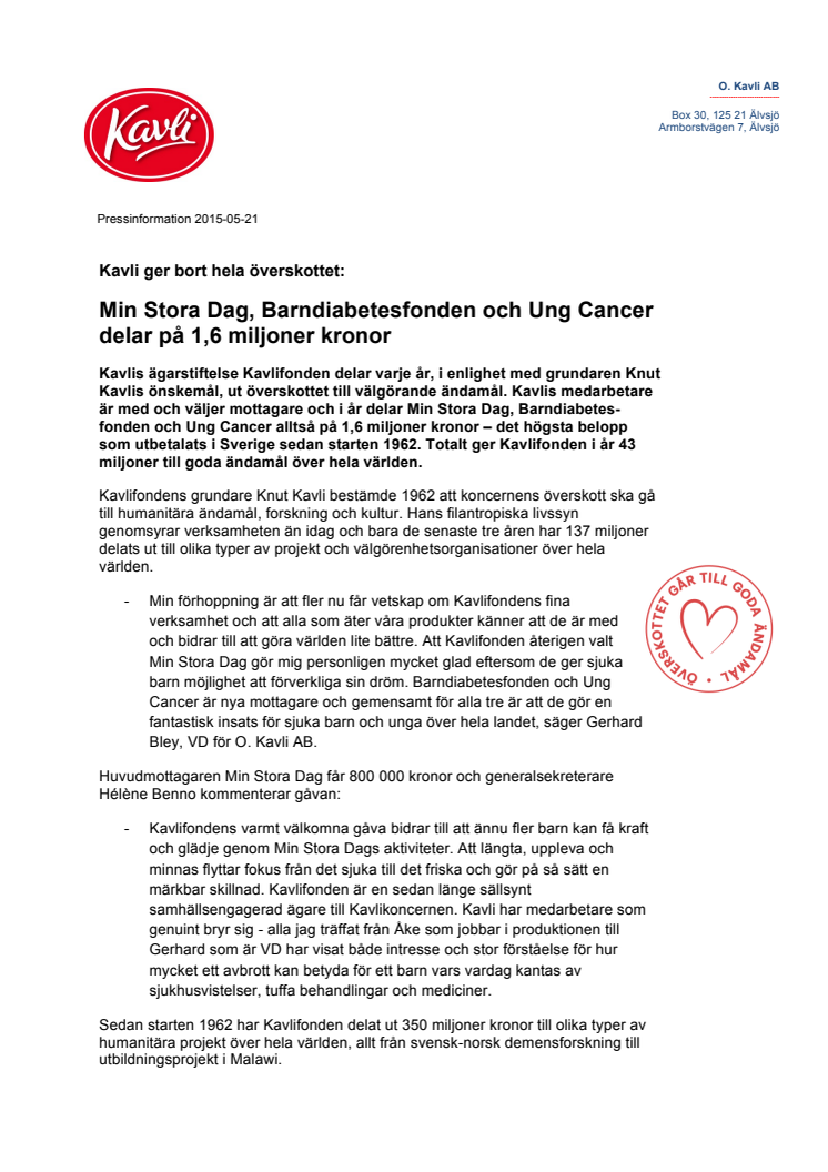 Kavli ger bort hela överskottet: Min Stora Dag, Barndiabetesfonden och Ung Cancer delar på 1,6 miljoner kronor