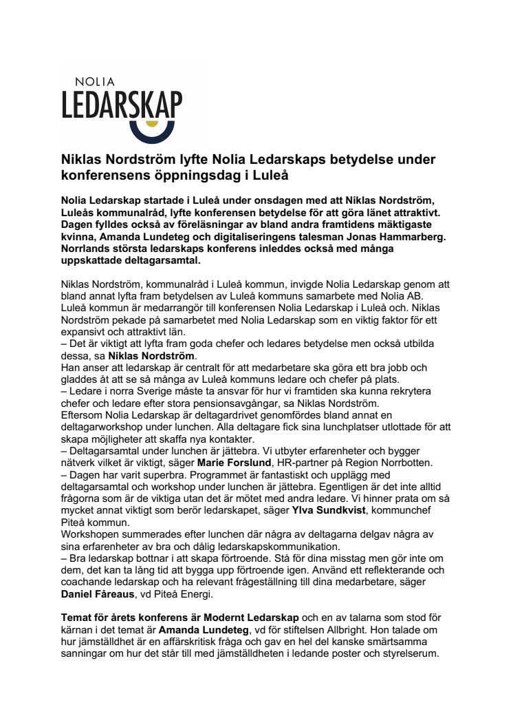 Niklas Nordström lyfte Nolia Ledarskaps betydelse under konferensens öppningsdag i Luleå