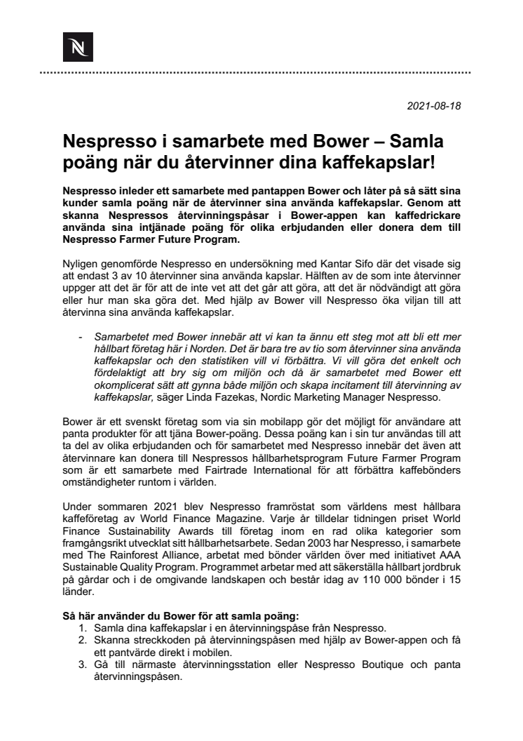 Nespresso i samarbete med Bower – Samla poäng när du återvinner dina kaffekapslar!