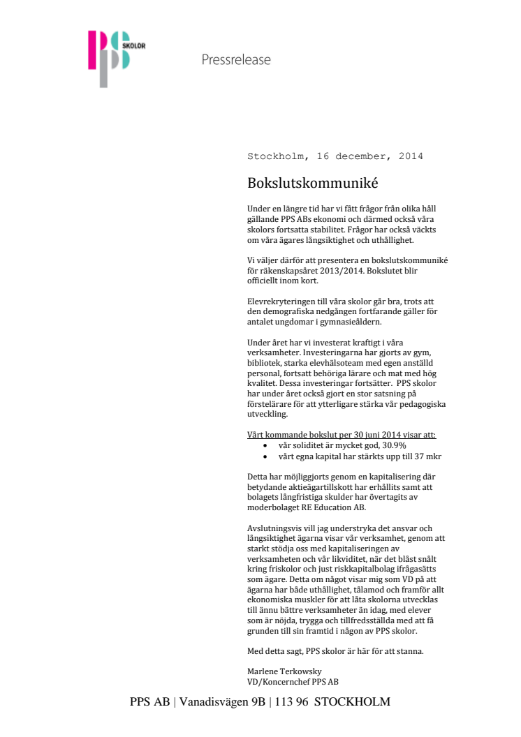 Bokslutskommuniké PPS AB 2013-2014