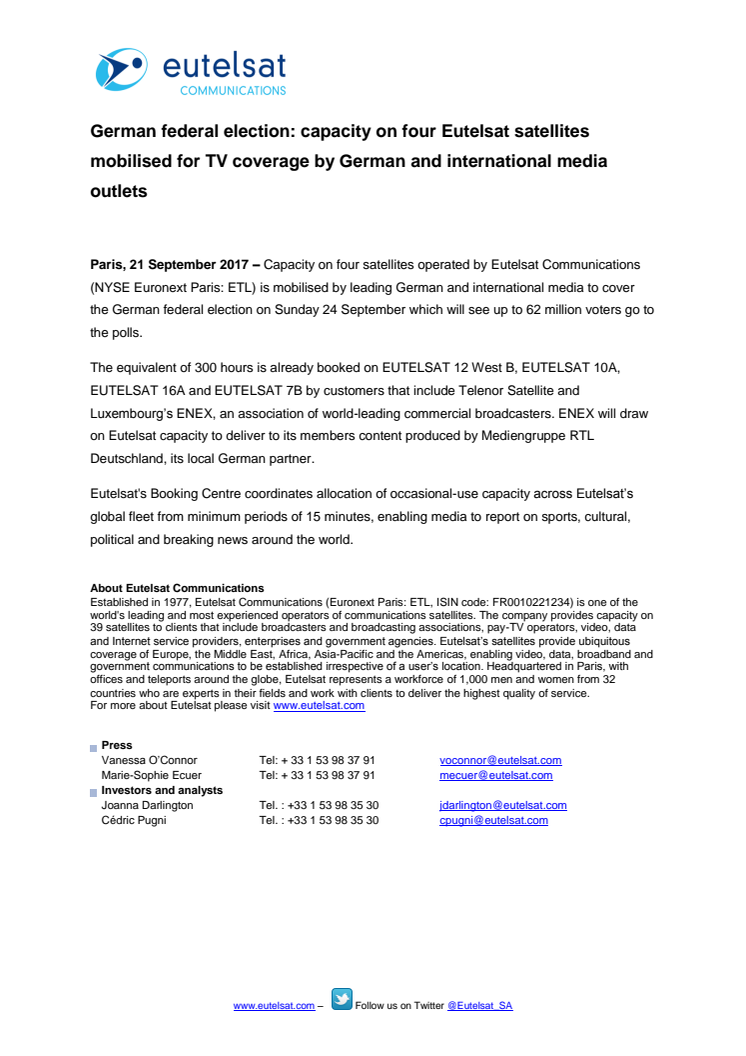 ​​German federal election: capacity on four Eutelsat satellites mobilised for TV coverage by German and international media outlets