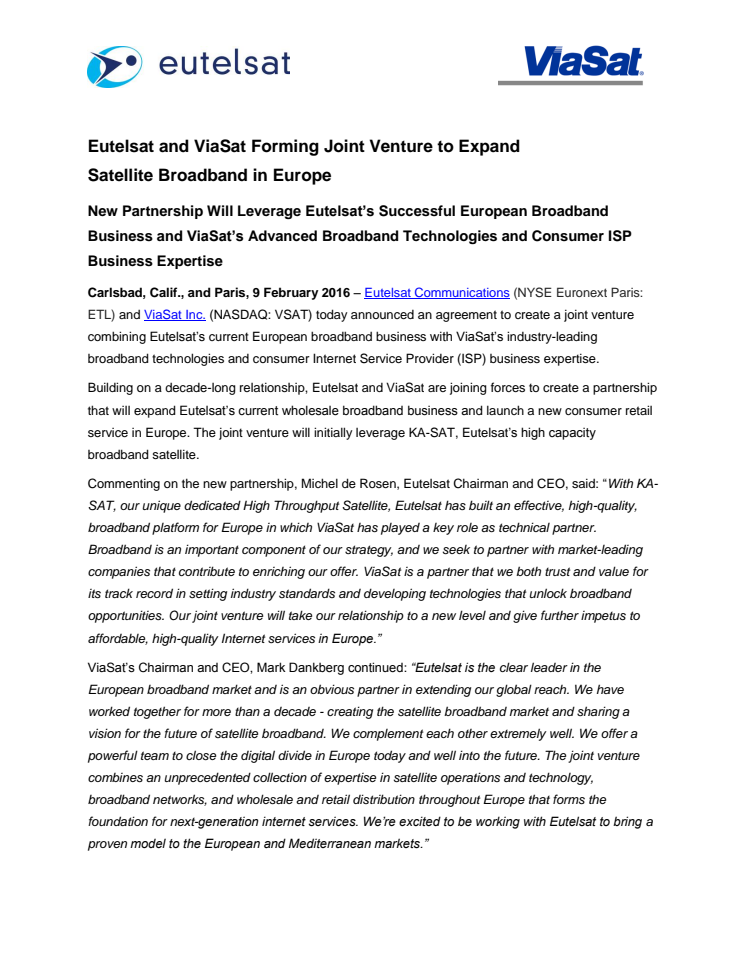 Eutelsat and ViaSat Forming Joint Venture to Expand  Satellite Broadband in Europe 