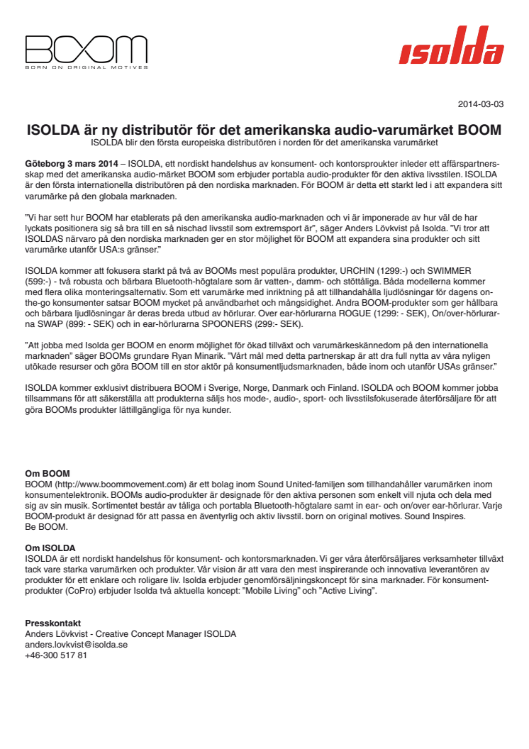 ISOLDA är ny distributör för det amerikanska audio-varumärket BOOM