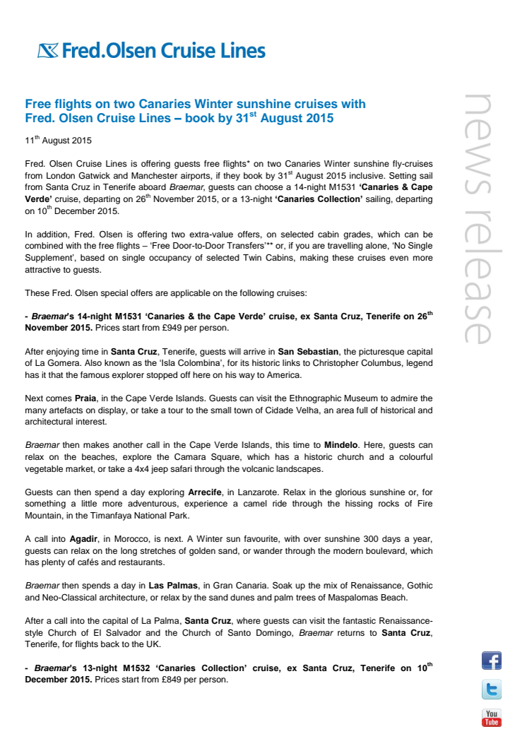 Free flights on two Canaries Winter sunshine cruises with  Fred. Olsen Cruise Lines – book by 31st August 2015