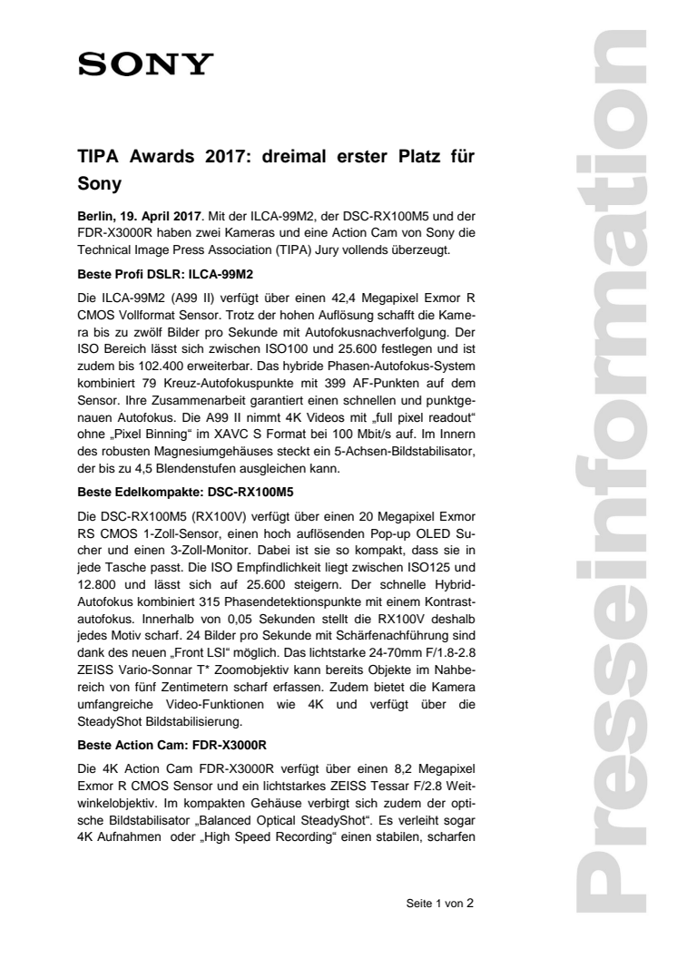 TIPA Awards 2017: dreimal erster Platz für Sony