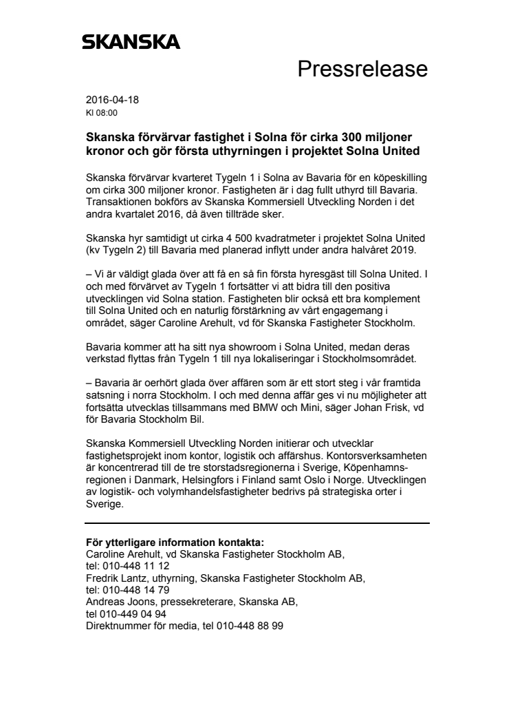 Skanska förvärvar fastighet i Solna för cirka 300 miljoner kronor och gör första uthyrningen i projektet Solna United