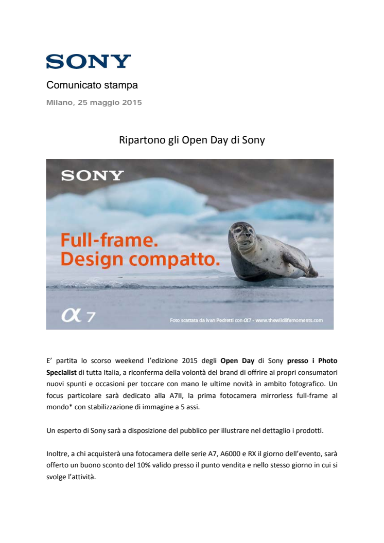 Ripartono gli Open Day di Sony
