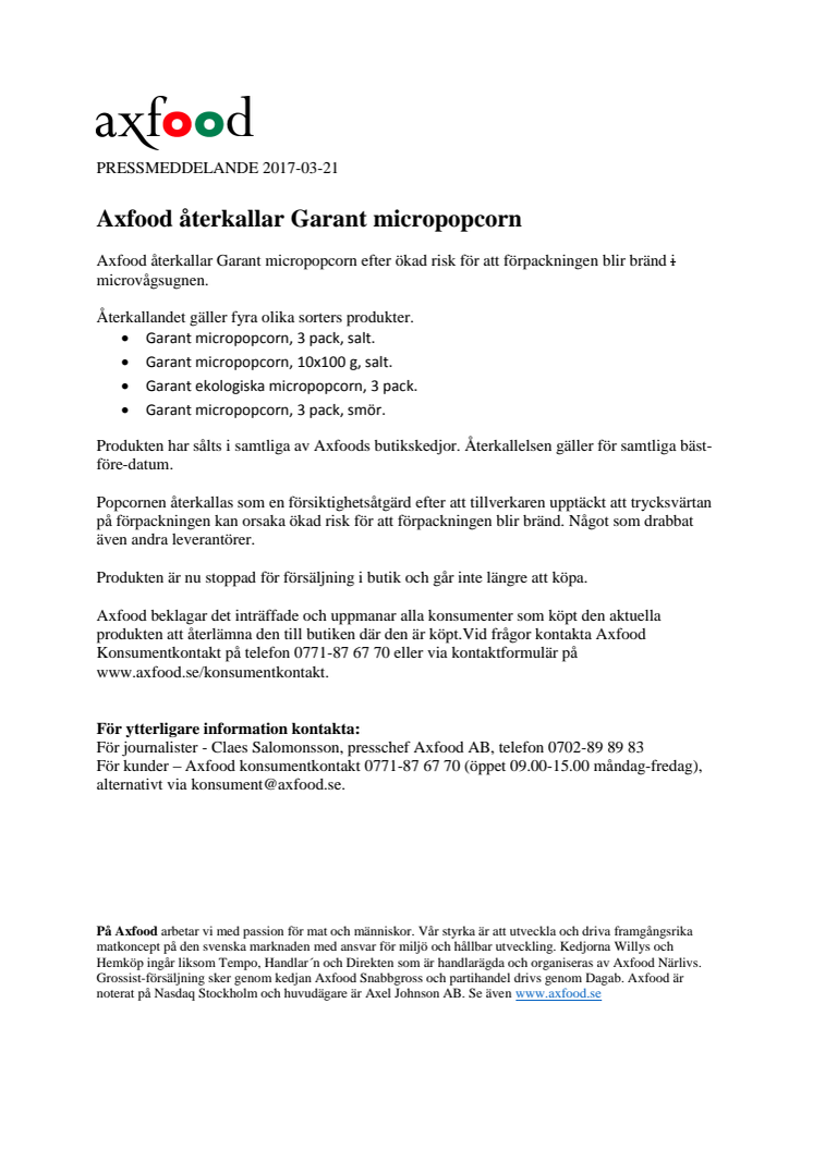 Axfood återkallar Garant micropopcorn