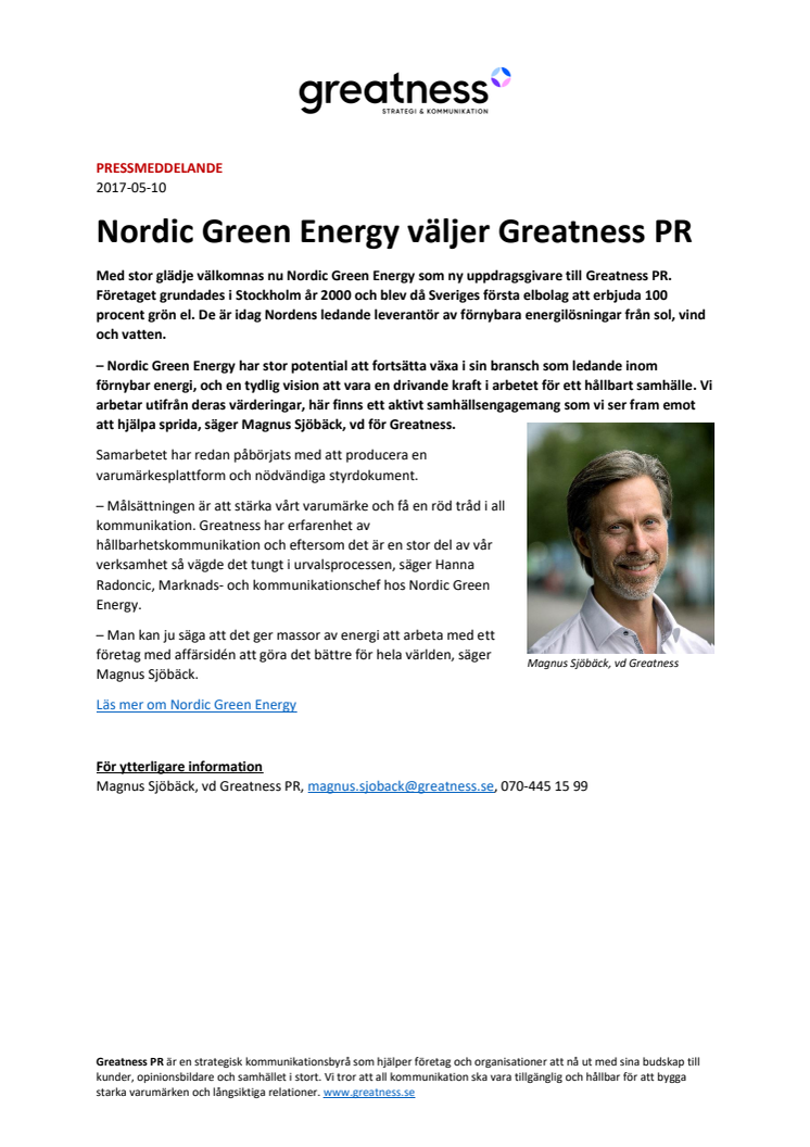 Nordic Green Energy väljer Greatness PR