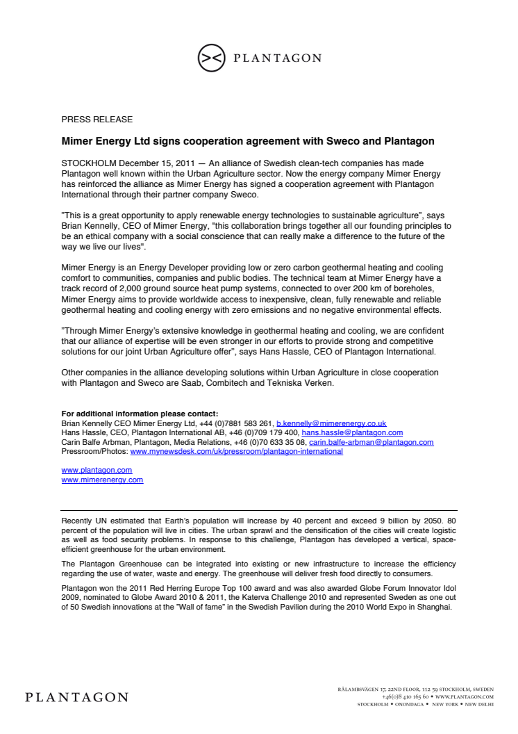 Mimer Energy AB signs cooperation agreement with Sweco and Plantagon