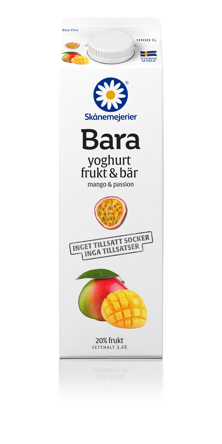 ”Skånemejerier Bara” - Sveriges enda yoghurt utan tillsatt socker eller tillsatser - kommer nu med ny smak av Mango & Passion