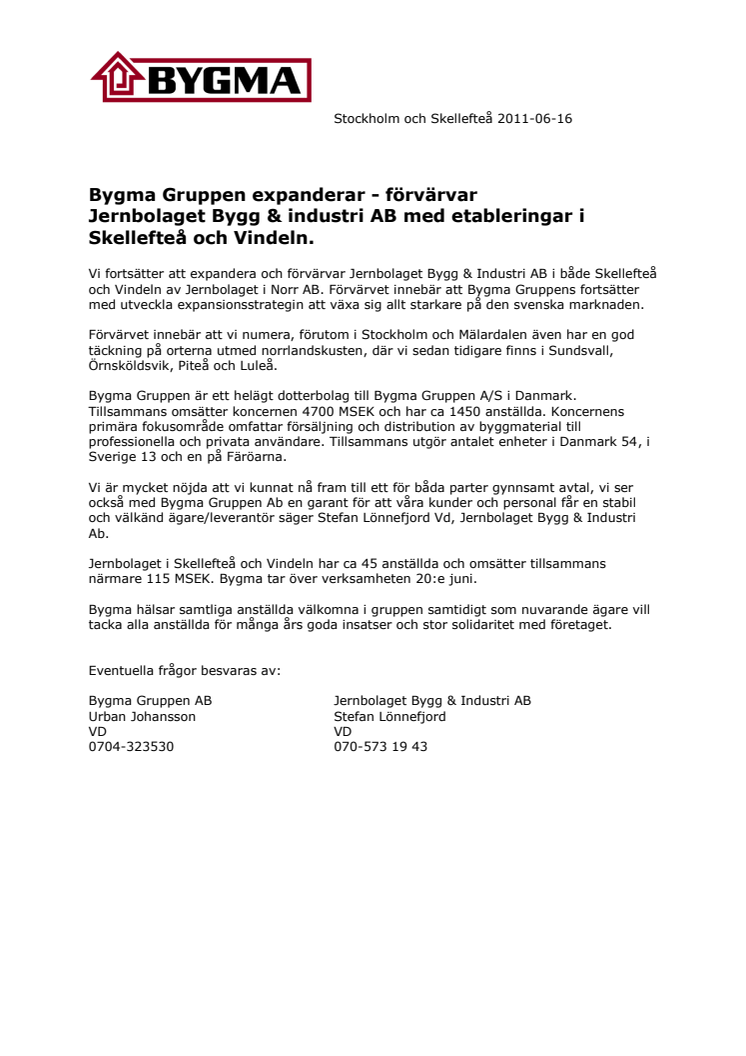 Pressrelease Bygma Jernbolaget