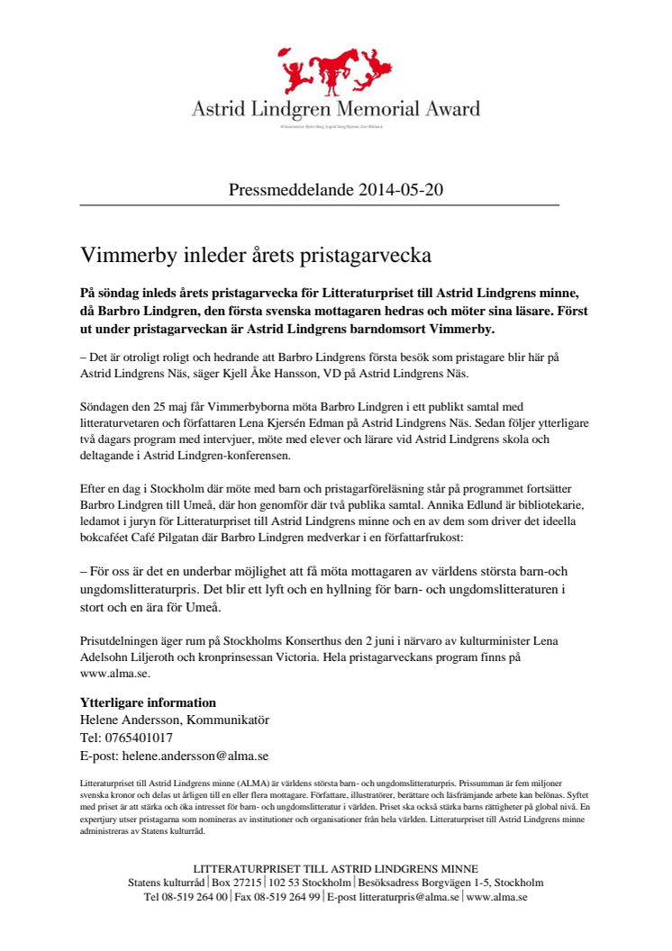 Vimmerby inleder årets pristagarvecka