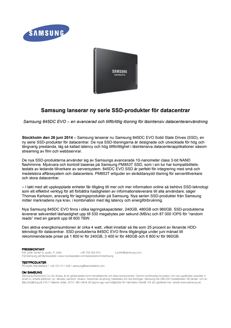 Samsung lanserar ny serie SSD-produkter för datacentrar