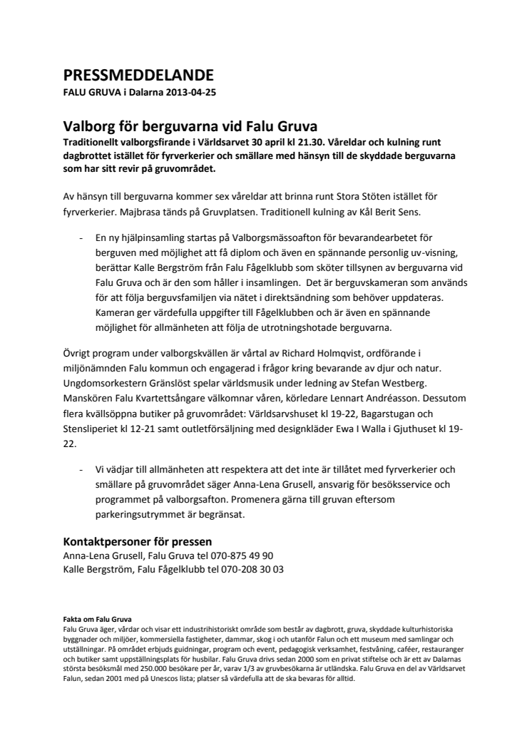 Valborg för berguvarna vid Falu Gruva