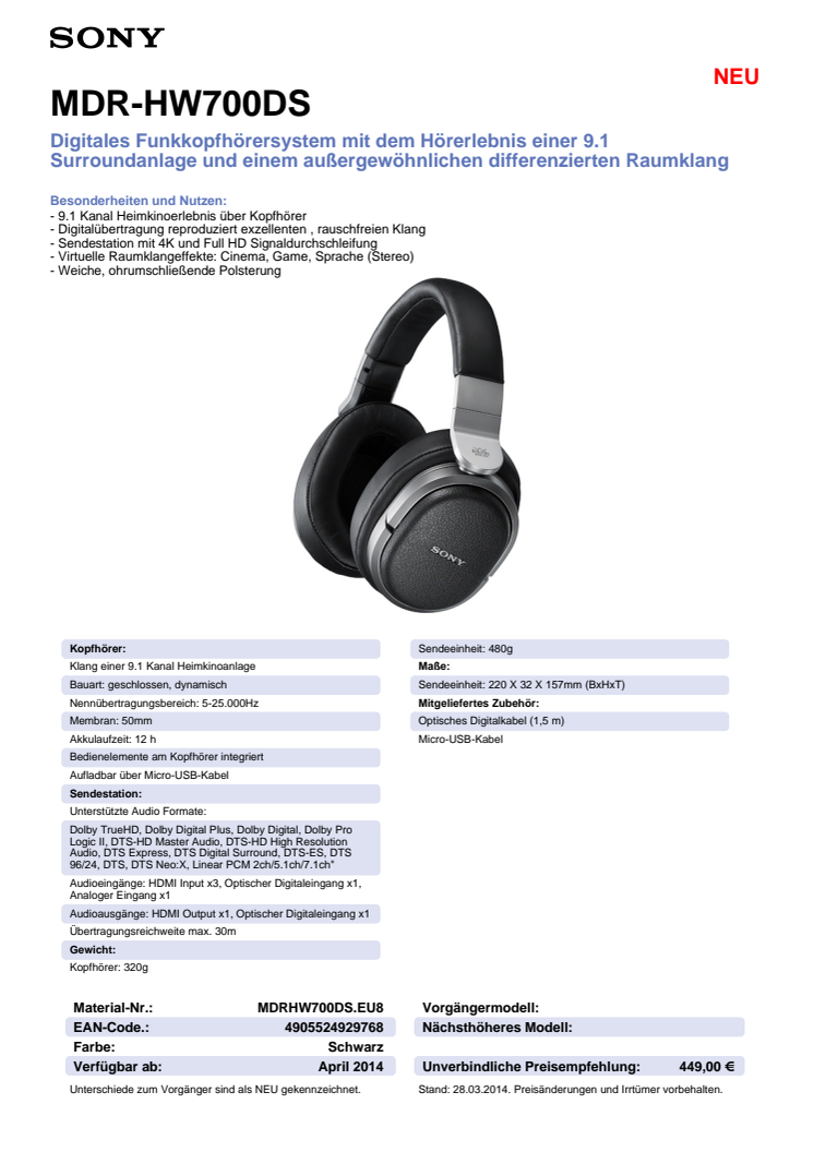 Datenblatt MDR-HW700DS von Sony