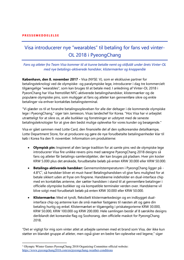 Visa introducerer nye ”wearables” til betaling for fans ved vinter-OL 2018 i PyeongChang 