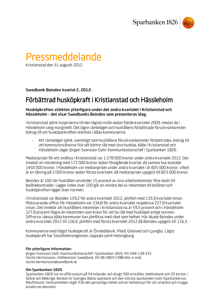 Swedbank Boindex kvartal 2, 2012: Förbättrad husköpkraft i Kristianstad och Hässleholm 