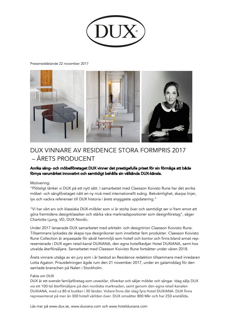 DUX VINNARE AV RESIDENCE STORA FORMPRIS 2017 – ÅRETS PRODUCENT