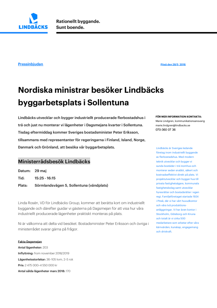 Nordiska ministrar besöker Lindbäcks byggarbetsplats i Sollentuna 