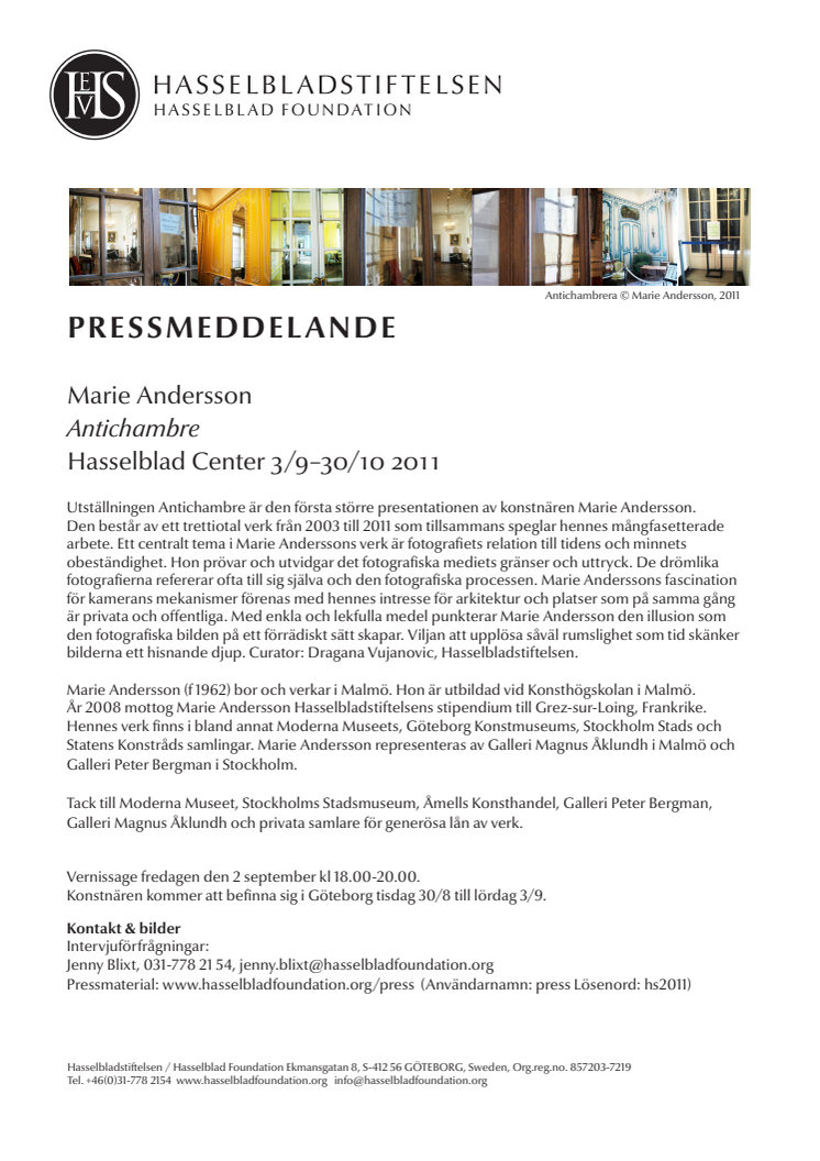 Hasselblad Center visar Marie Andersson Antichambre