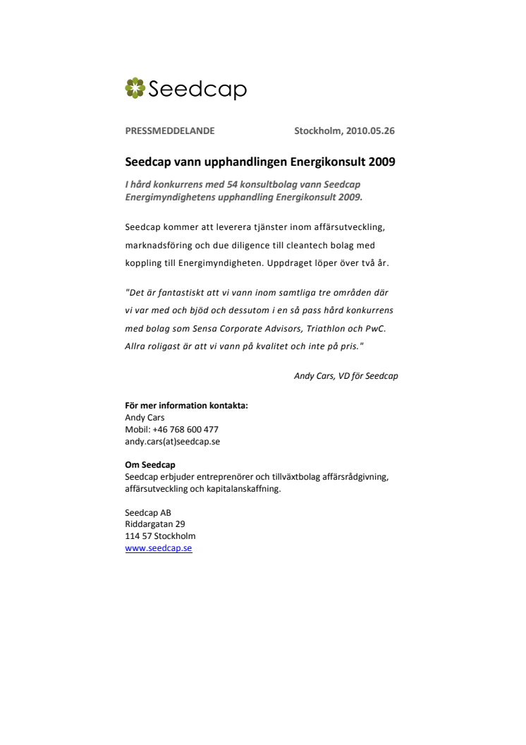 Seedcap vann upphandlingen Energikonsult 2009