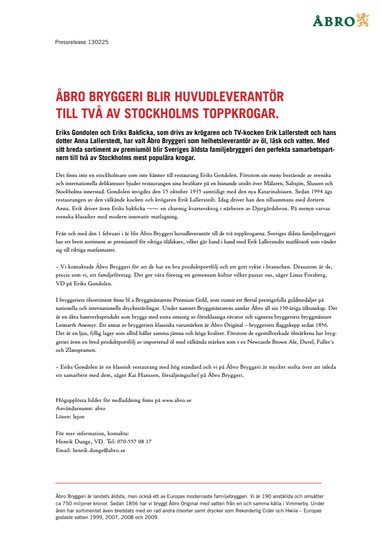 Åbro Bryggeri blir huvudleverantör till två av Stockholms toppkrogar