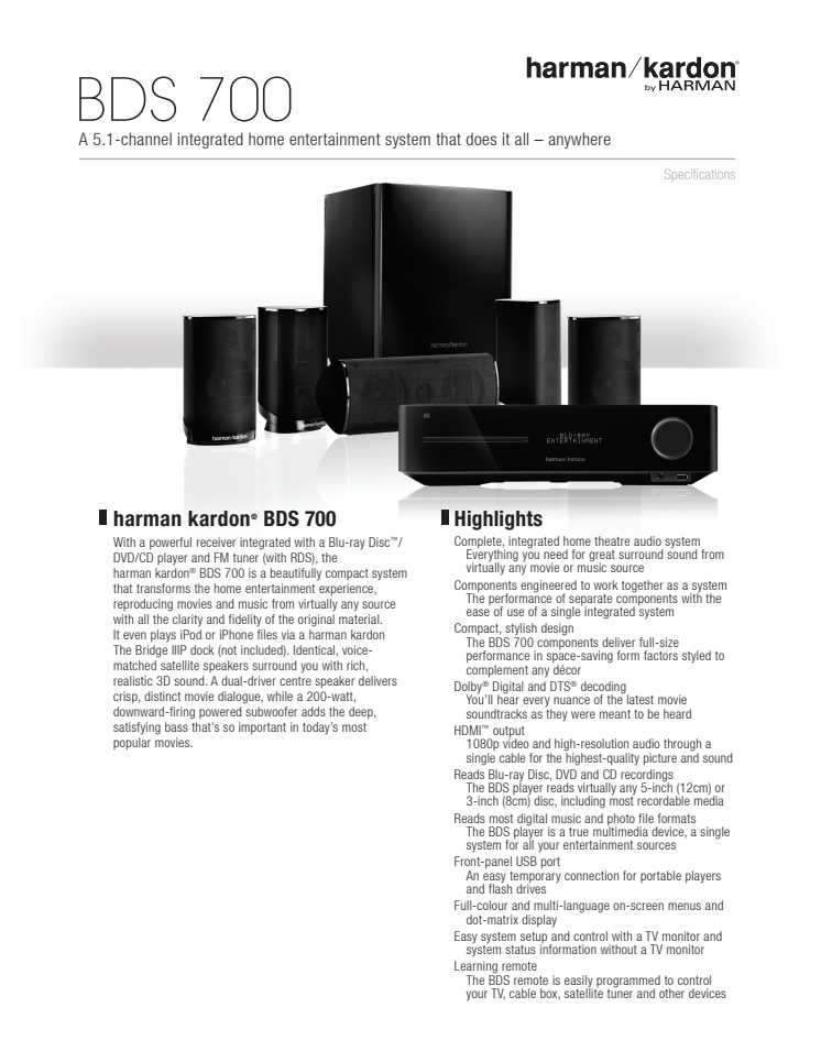 Specification sheet - harman kardon BDS 700 (English)